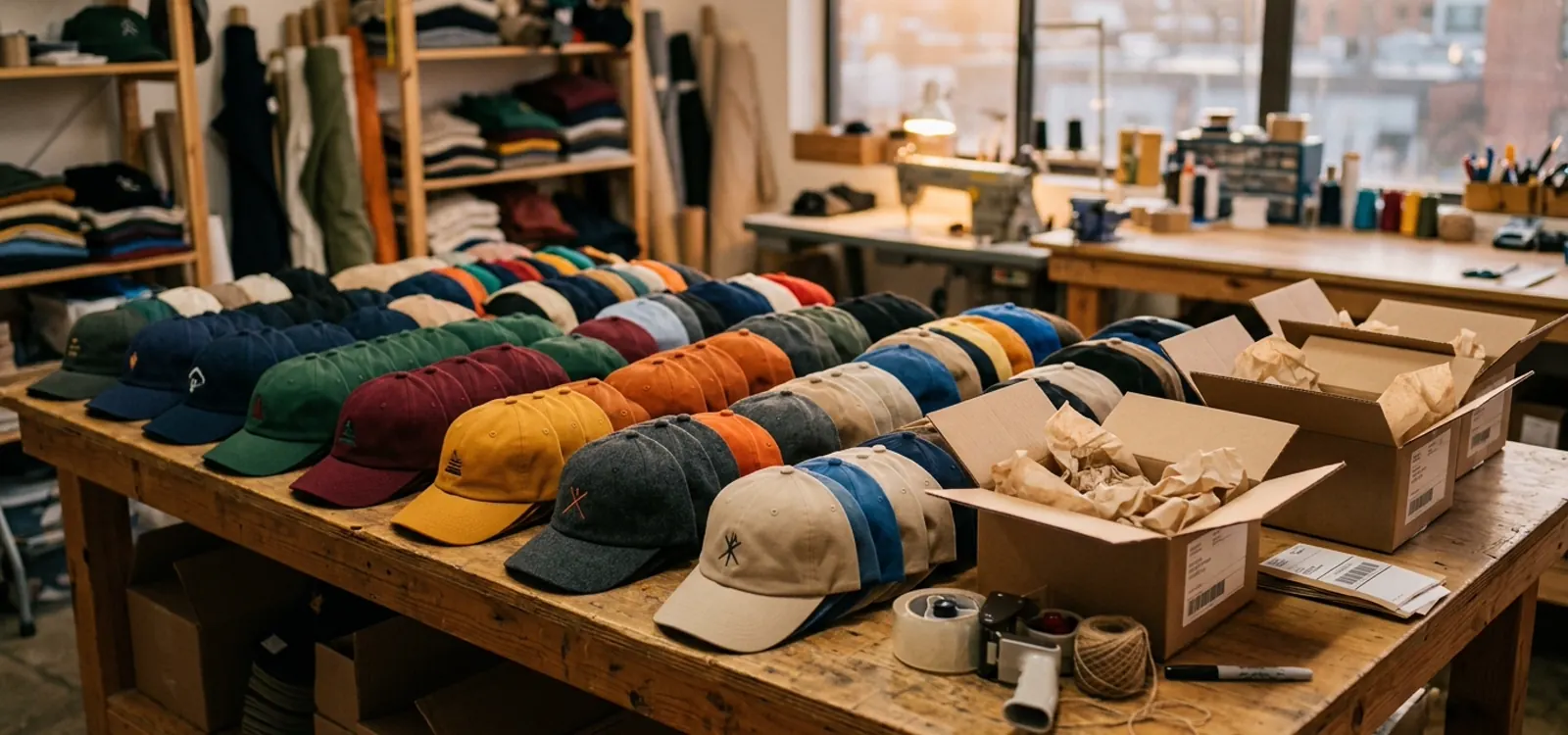 Bonés personalizados prontos, empilhados na bancada da fábrica