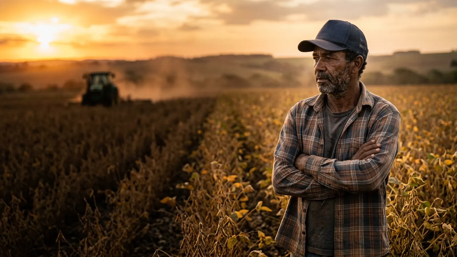 Produtor rural usando boné trucker ao entardecer em uma lavoura de soja